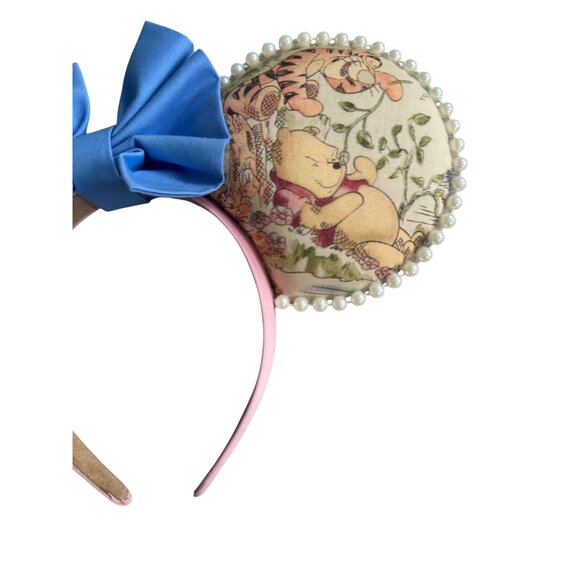 WINNIE THE POOH Blue Bow Handmade Pearl Trimmed Headband - Picture 4 of 6